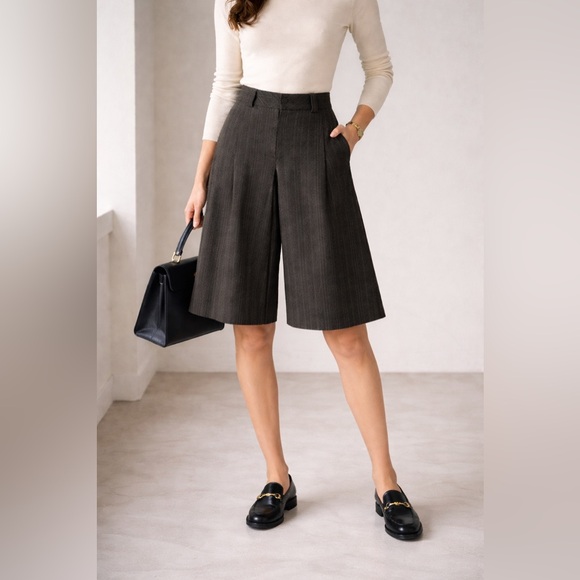 Tristan & Iseut Pants - Vintage Wool Pin Striped Pleated Culottes Gaucho Pants Wide Leg Feminine Career